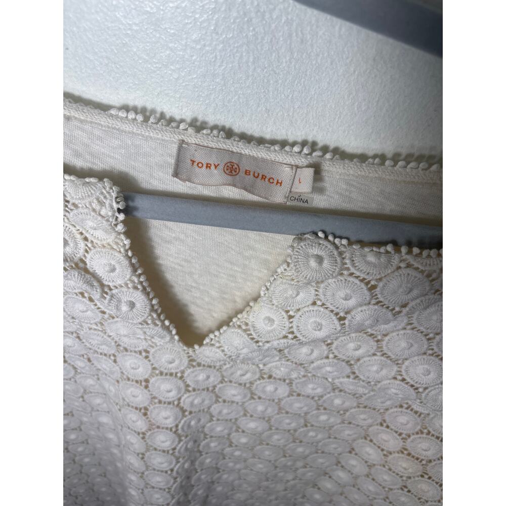 Tory Burch Off White Long Sleeve Top with Embroidered Overlay Sz L - Picture 2 of 3